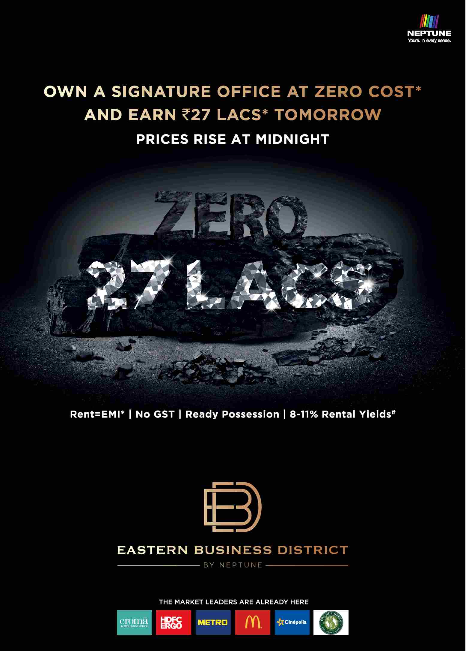 Own a signature office at zero cost and earn Rs. 27 Lacs at Neptune Eastern Business District in Mumbai